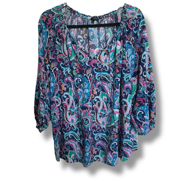 Talbots Paisley Tie Neck Popover Blouse Size 1X Blue Pink Green Orange - Picture 2 of 5